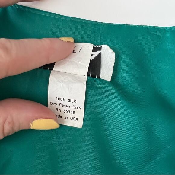 Vintage Puff Sleeve Teal 80s Ornate Button Front Silk Blouse - Picture 5 of 6
